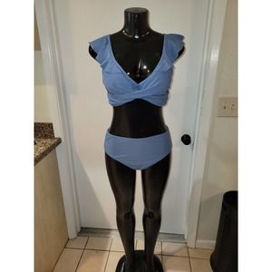 CiCi Bird Ruffle Top High Waisted 2 Piece Bikini Bathing Suit with Tie Back Sz L